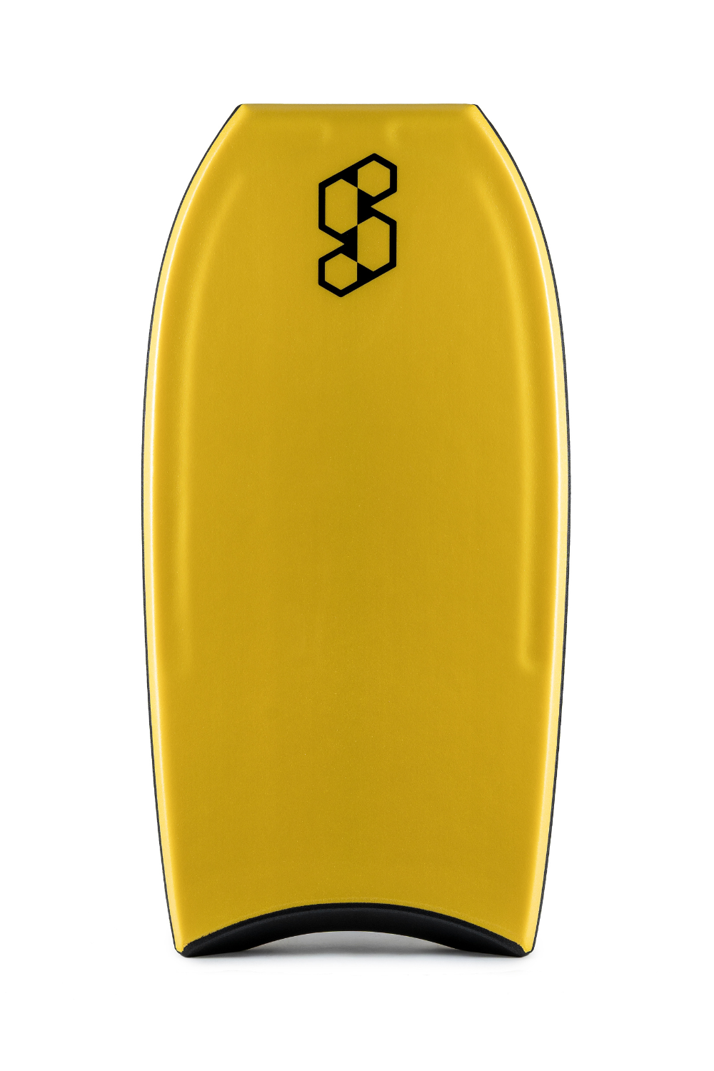 Yellow bodyboard with a black logo on a white background