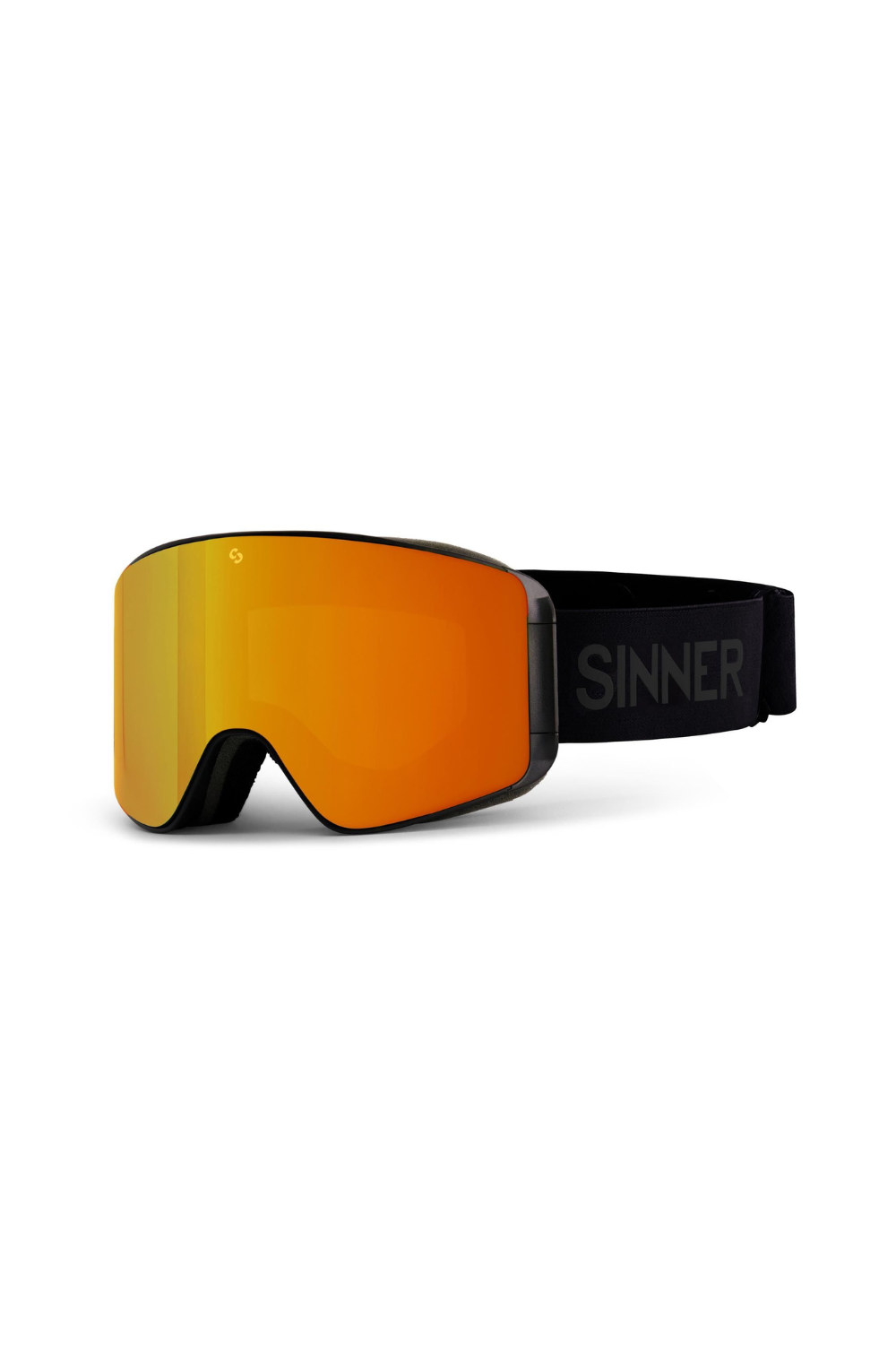 Sinner black ski goggles with orange lenses on a white background