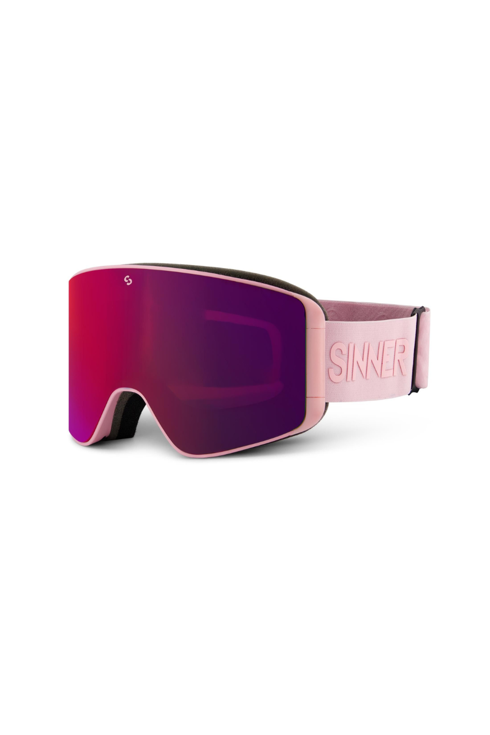 Sinner ski goggles with purple lens and pink frame on a white background
