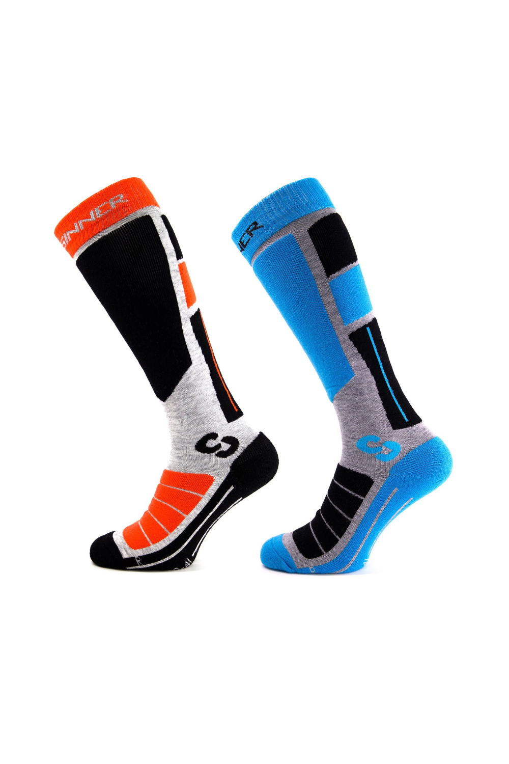 Orange, blue and grey ski socks