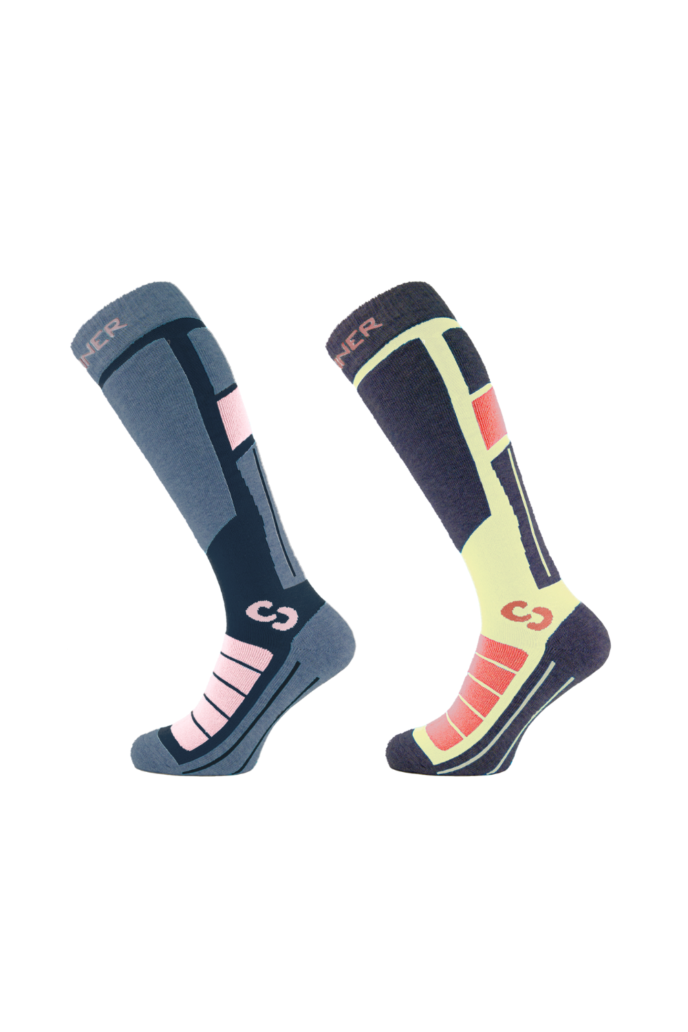 Pink, yellow, grey and black ski socks