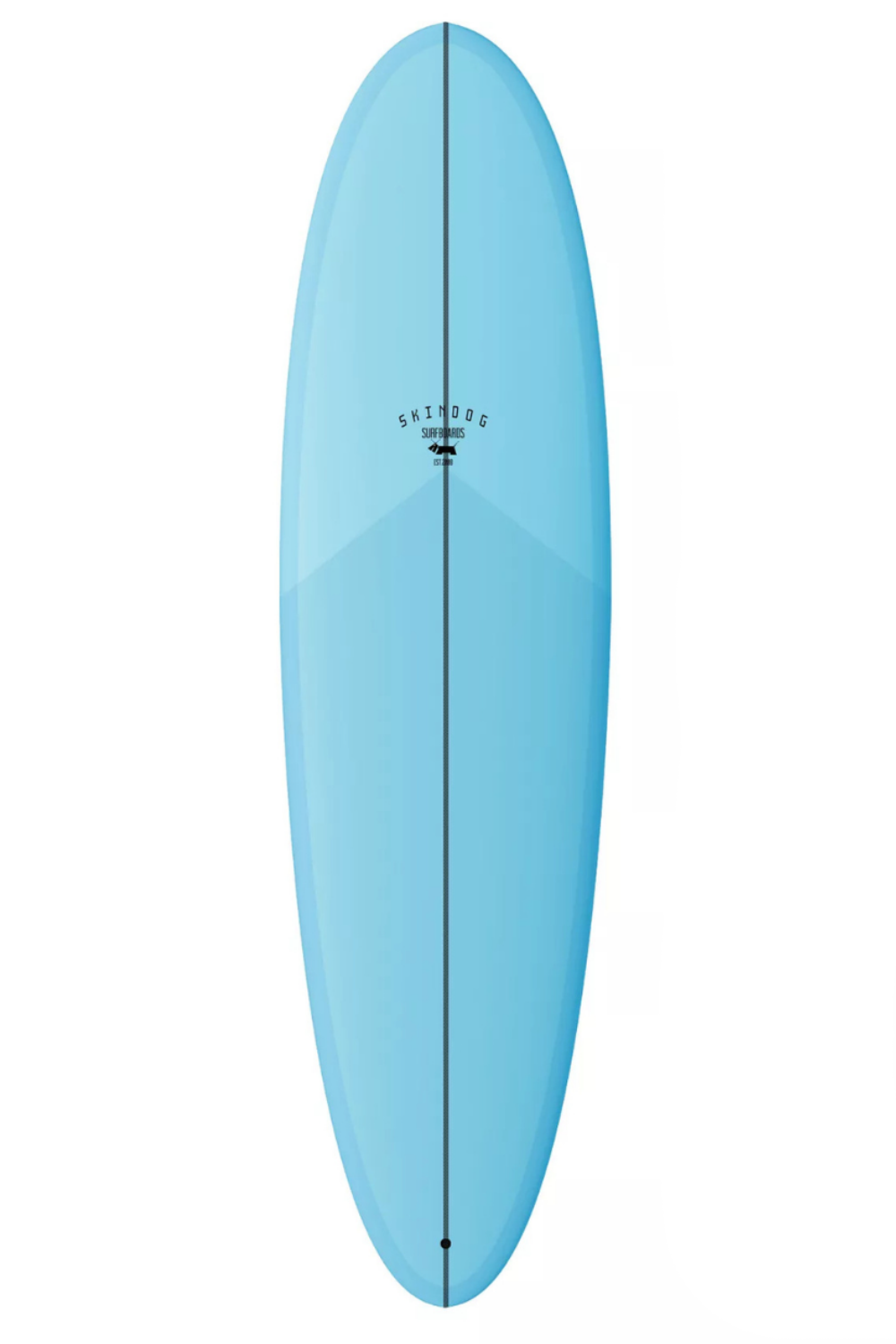 A light blue Skindog Thunderbolt Ova Surfboard shown from a top-down view against a plain white background, featuring a black center line and the 'Skindog' brand logo near the nose.