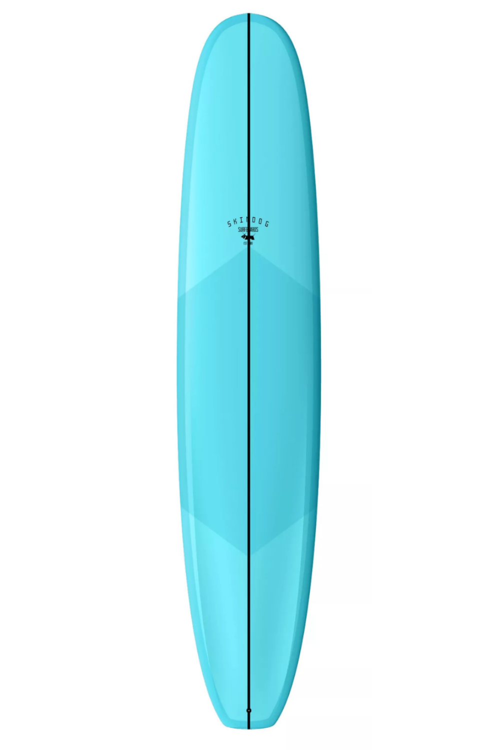 A Skindog Thunderbolt Silver Dynamic Double Scoop Longboard Surfboard in bright blue shown on a white background.