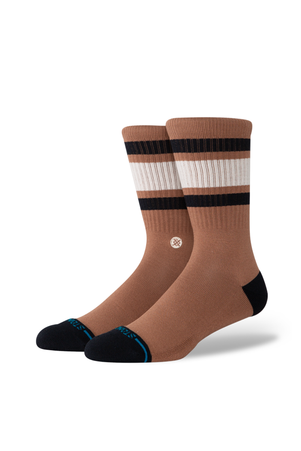 Brown crew socks with white and black stripes