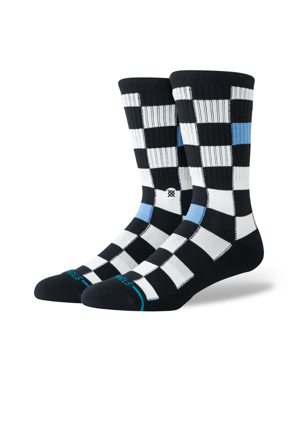 Two checkered socks with black, white, and blue pattern on a white background