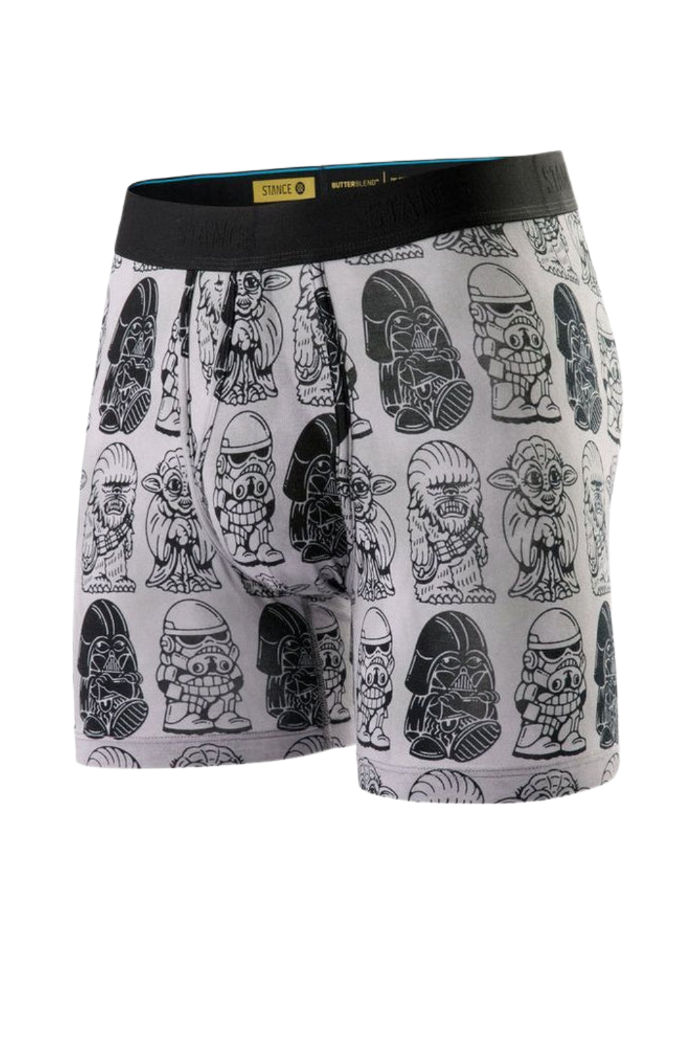 Boxer briefs with Star Wars character pattern on a white background