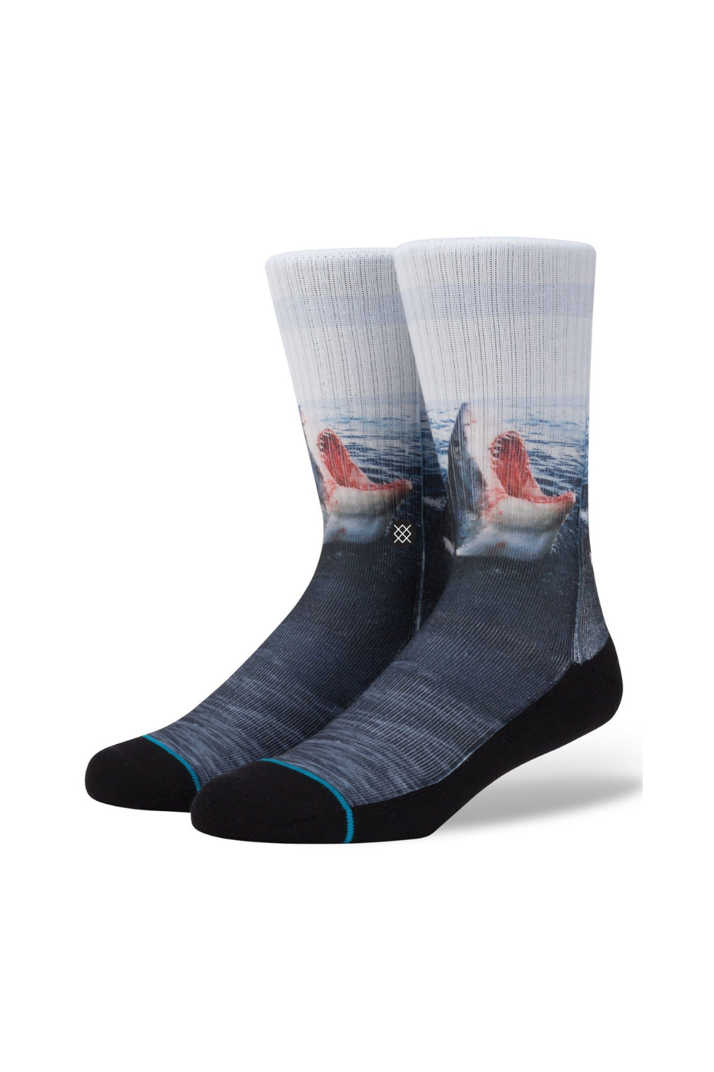 Pair of socks with shark design on a white background