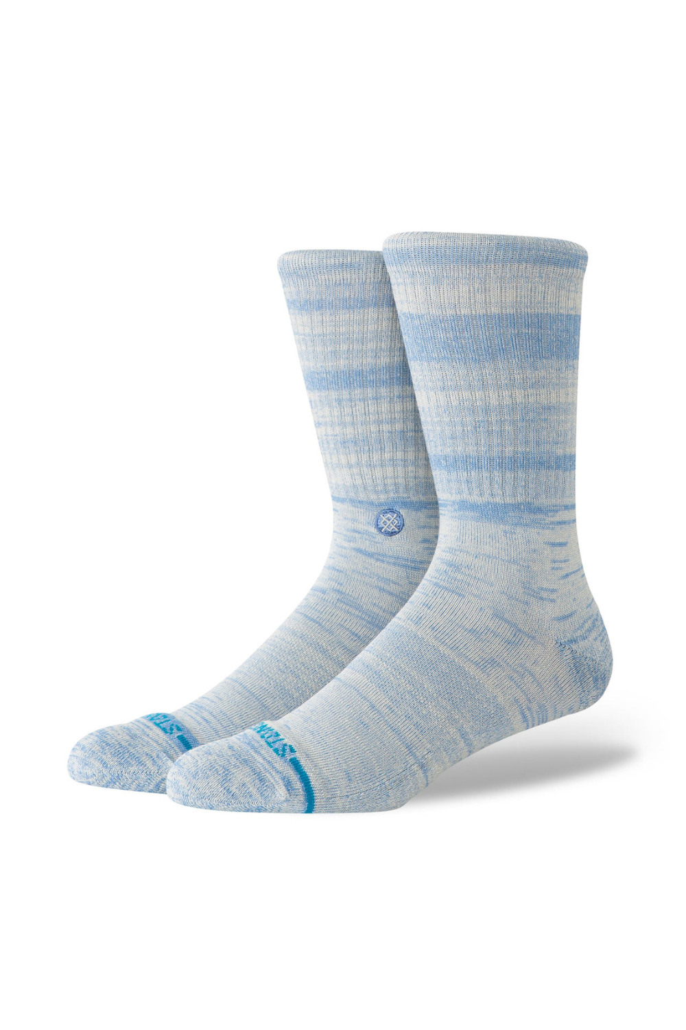 Pair of light blue striped socks on a white background