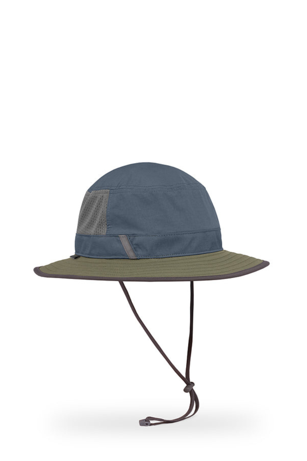 Blue and green bucket hat with chin strap on a white background