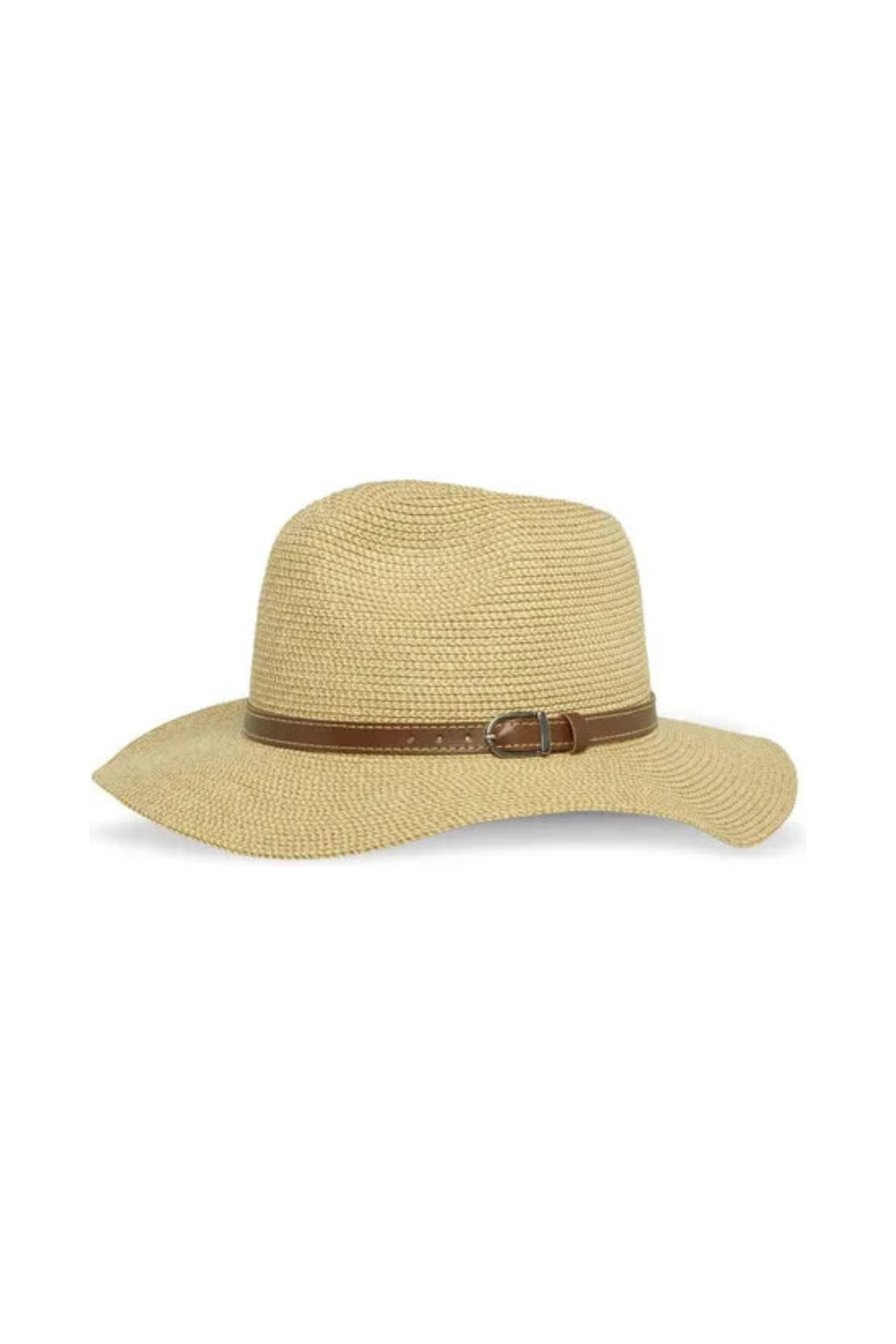 Beige straw hat with a brown band on a white background
