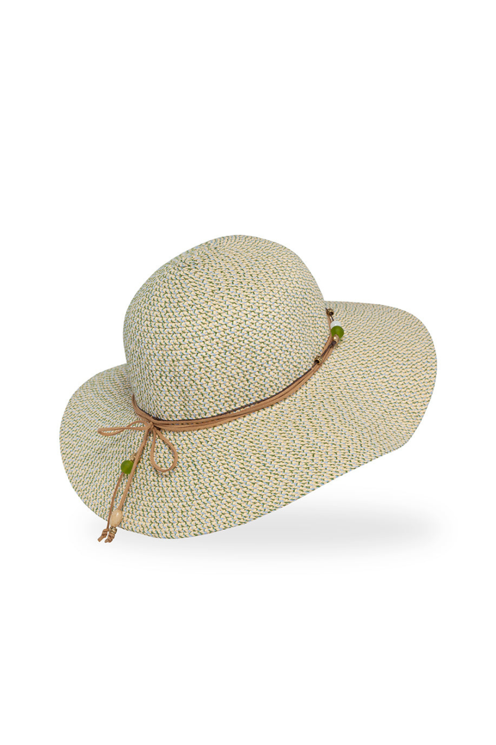 Beige straw hat with a brown ribbon on a white background