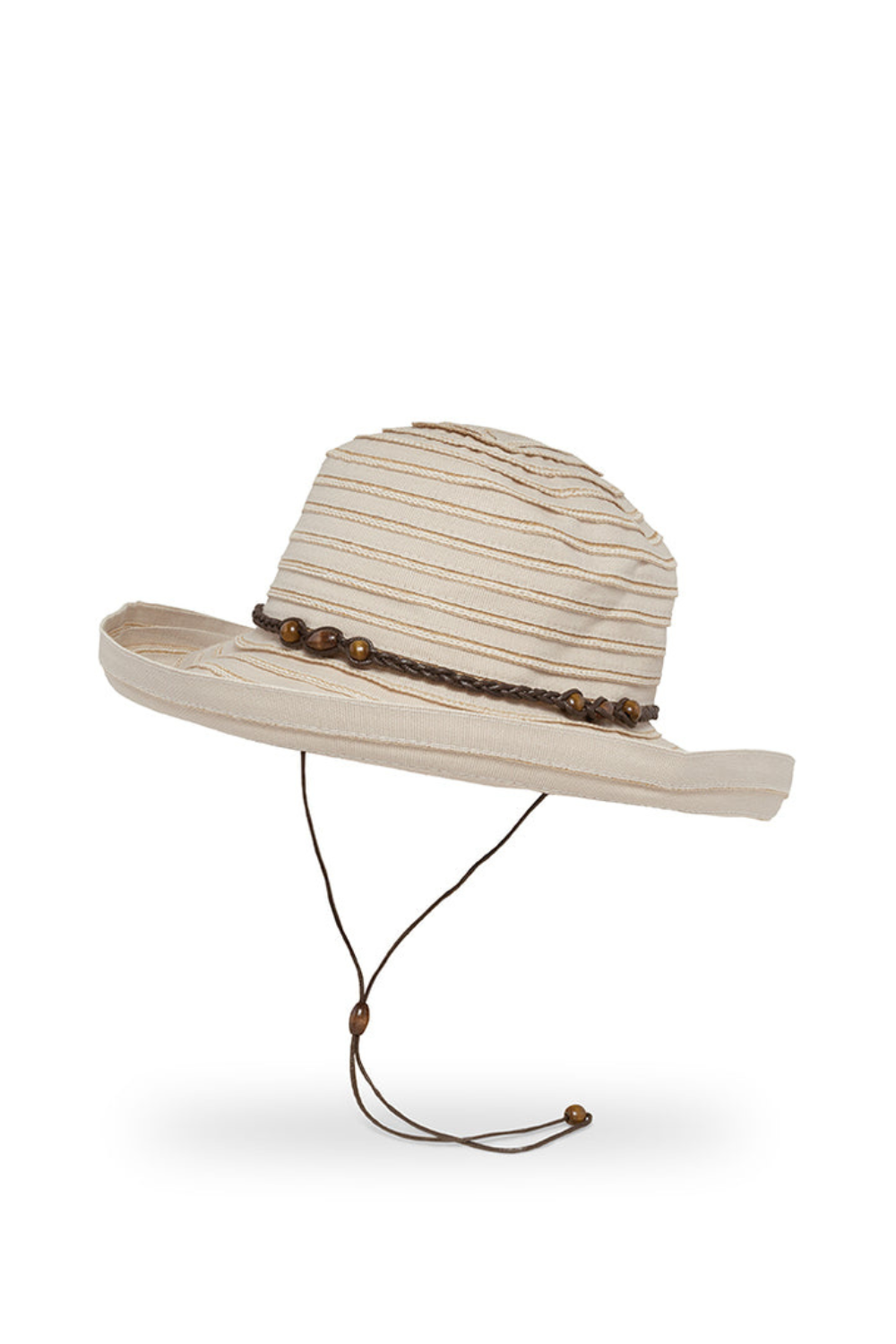 Beige sun hat with a decorative leather band on a white background