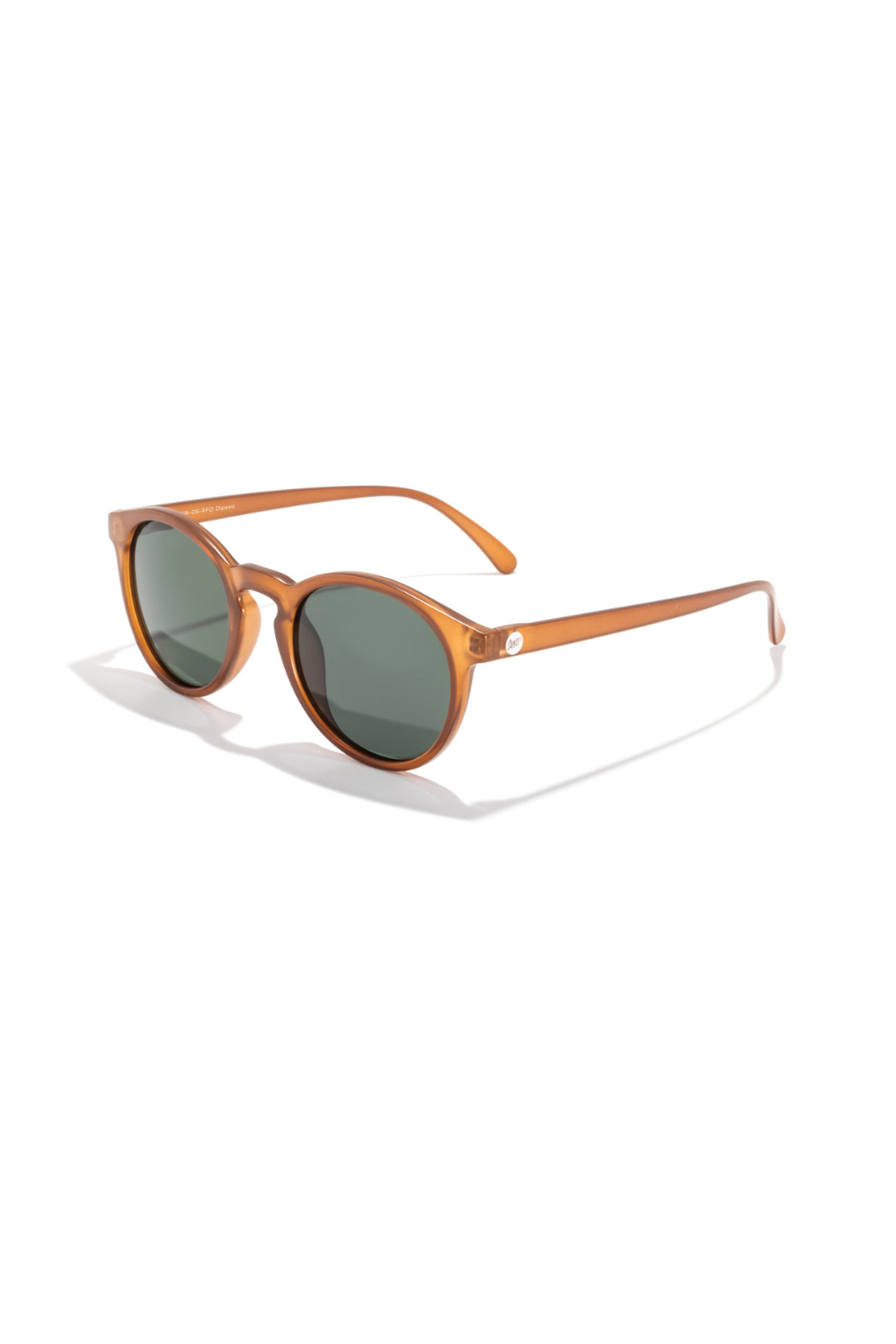 Sunglasses with brown frame and dark lenses on a white background
