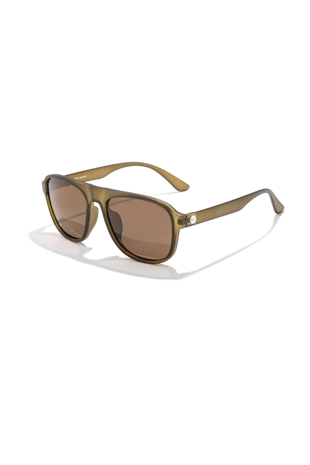 Sunglasses with brown lenses and olive frame on a white background