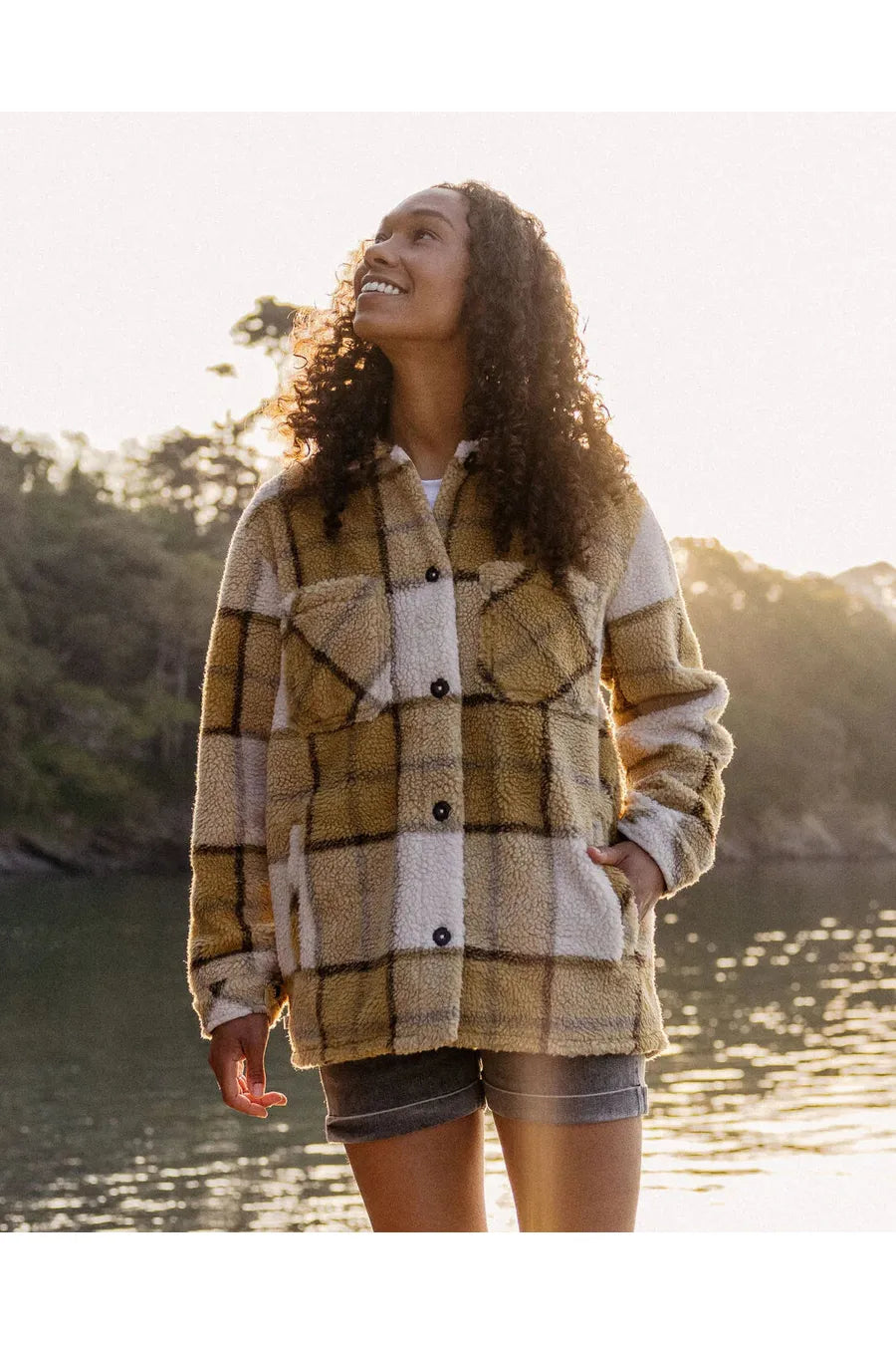 Passenger Olympus Yarn Dye Recycled Sherpa Fleece Shirt Honey Check