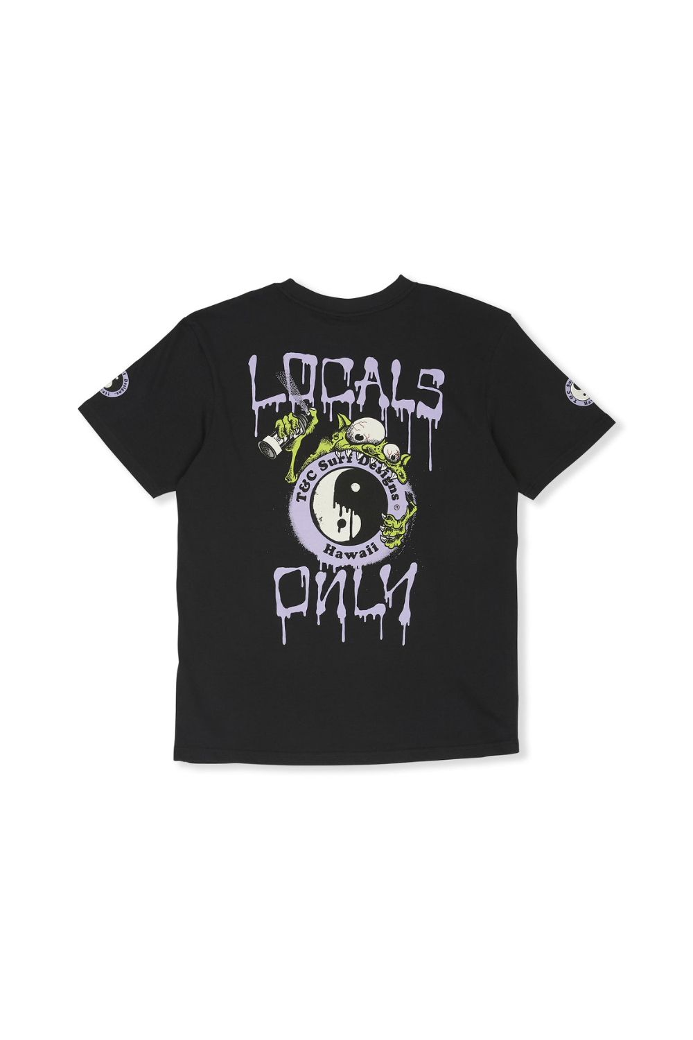 Black T&C Surf Designs t-shirt with graphic design and text on a white background