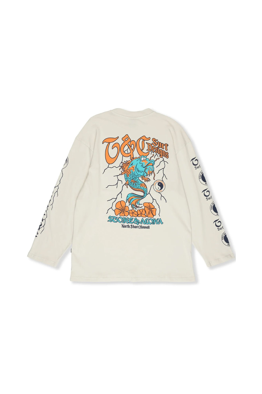 light grey long-sleeve t-shirt with graphic design on a white background