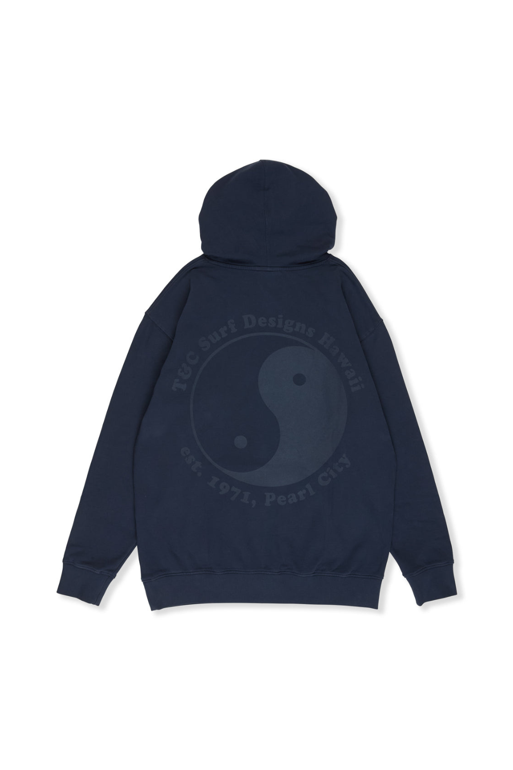 Navy blue hoodie with a yin yang symbol on the back against a white background