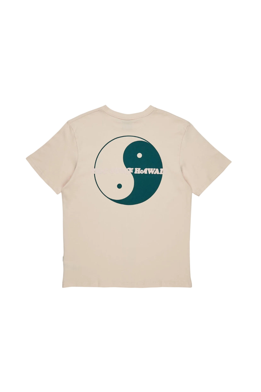 Beige T&C Surf Designs t-shirt with a yin yang design and 'Hawaii' text on a white background