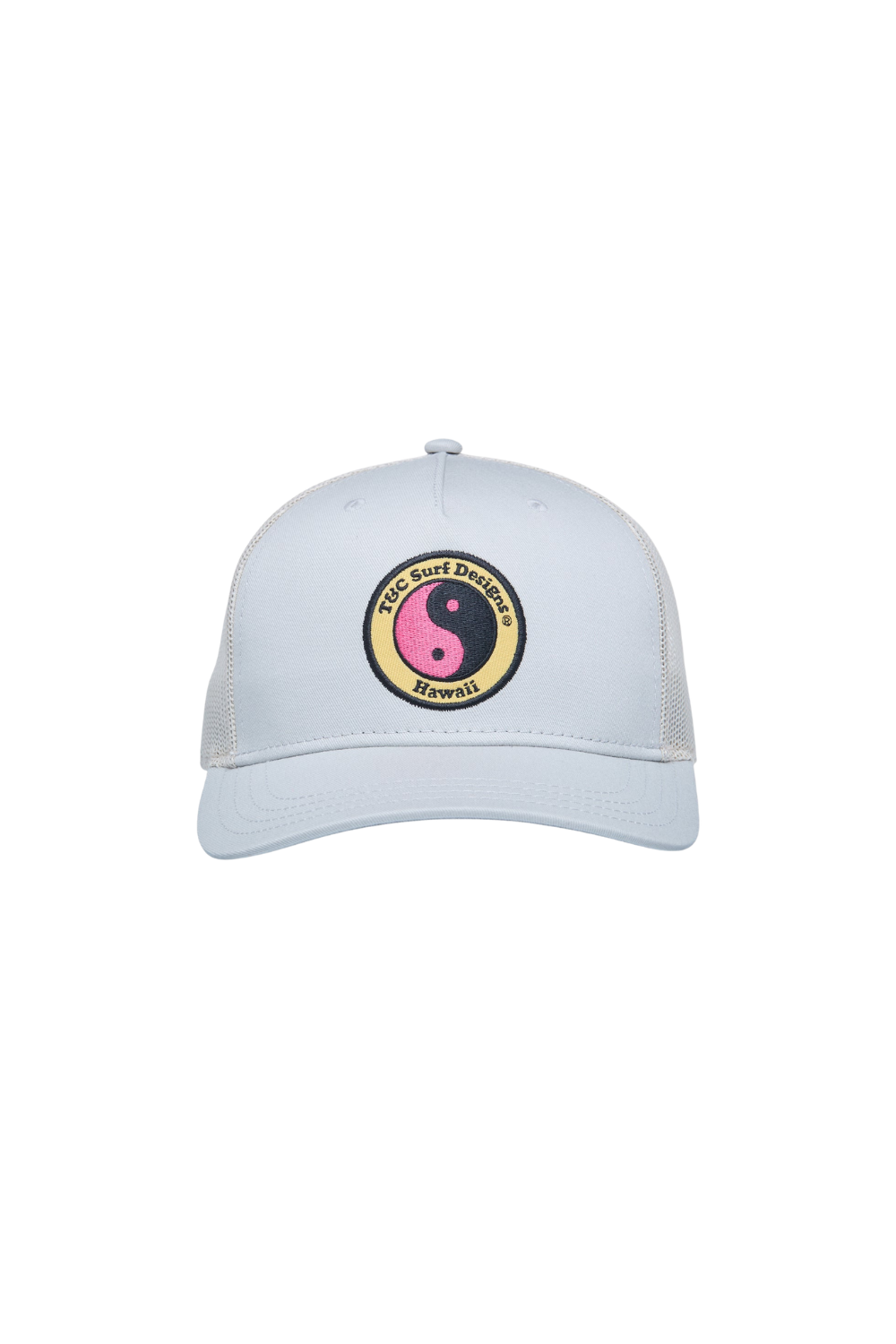 Light grey T&C Surf Designs cap with a pink and yellow logo on a white background
