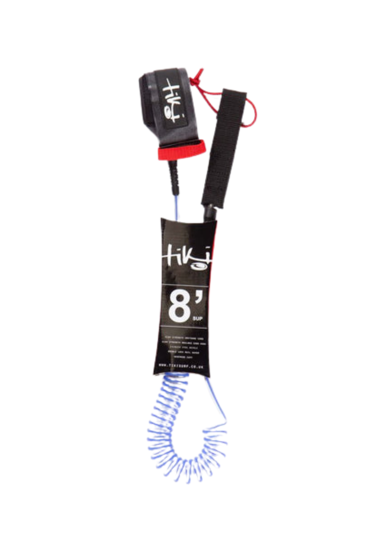 An 8-foot black coiled leash with a black wrist strap, red loop, and blue spring cord, shown on a plain white background.