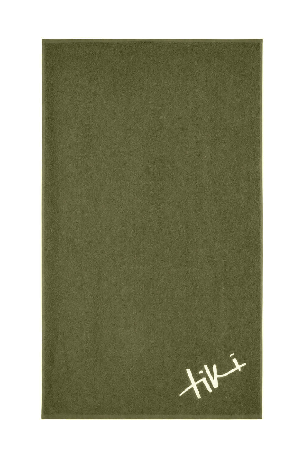 An olive green rectangular towel with a white stylized 'Tiki' logo in the bottom right corner, displayed flat against a white background.