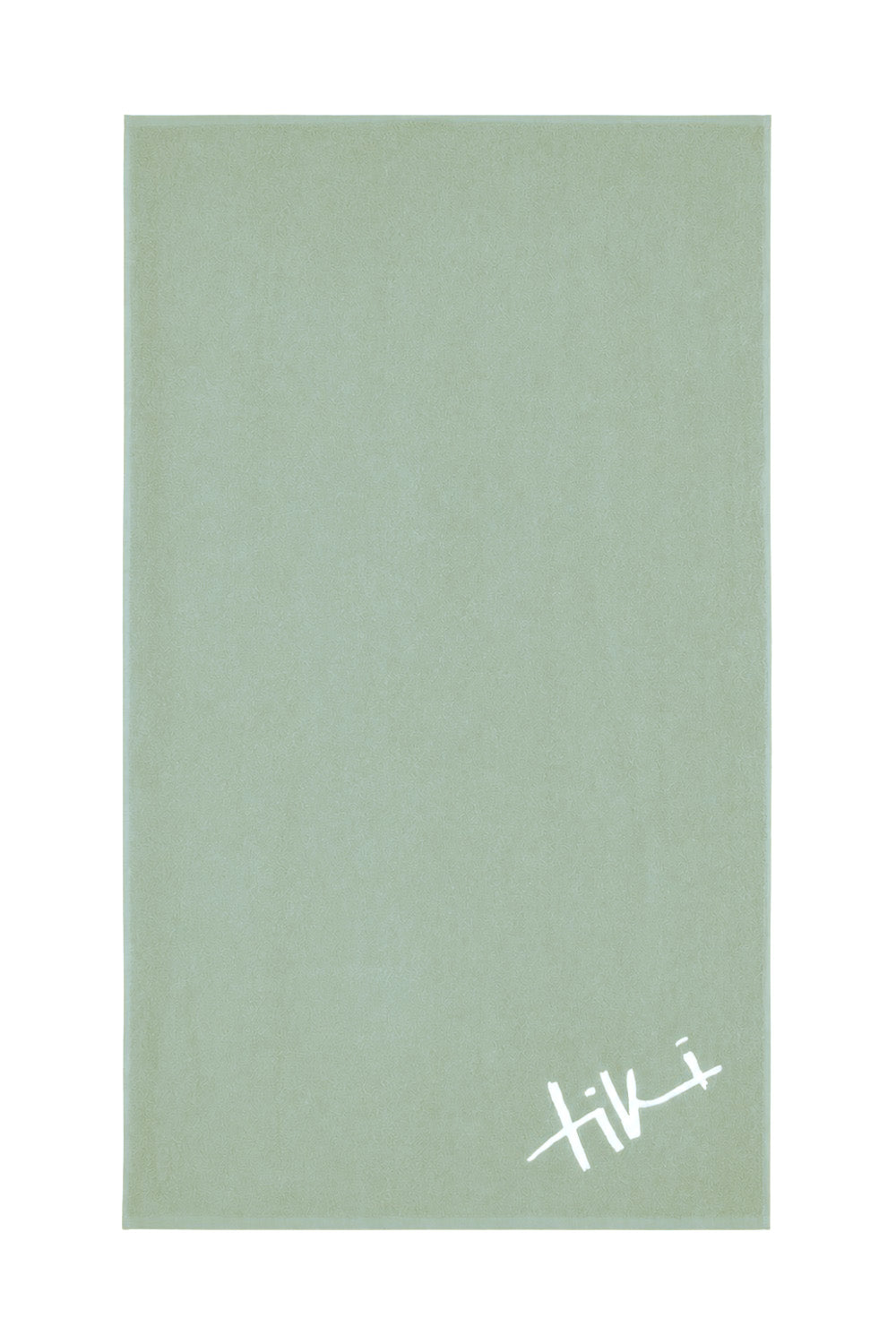 A sage green rectangular fabric item, likely a towel or blanket, featuring a small white stylized 'Yiki' logo in the bottom right corner, set against a plain white background.