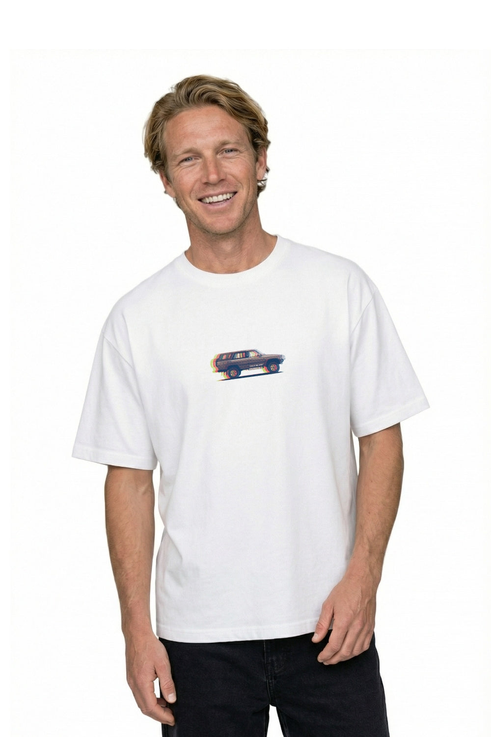 Man wearing a white t-shirt with a small graphic on a white background