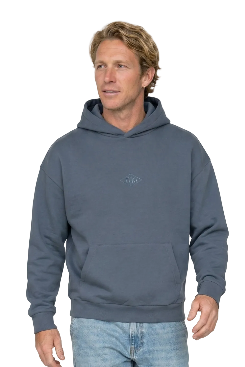 Man wearing a blue hoodie with a Tiki logo on a white background