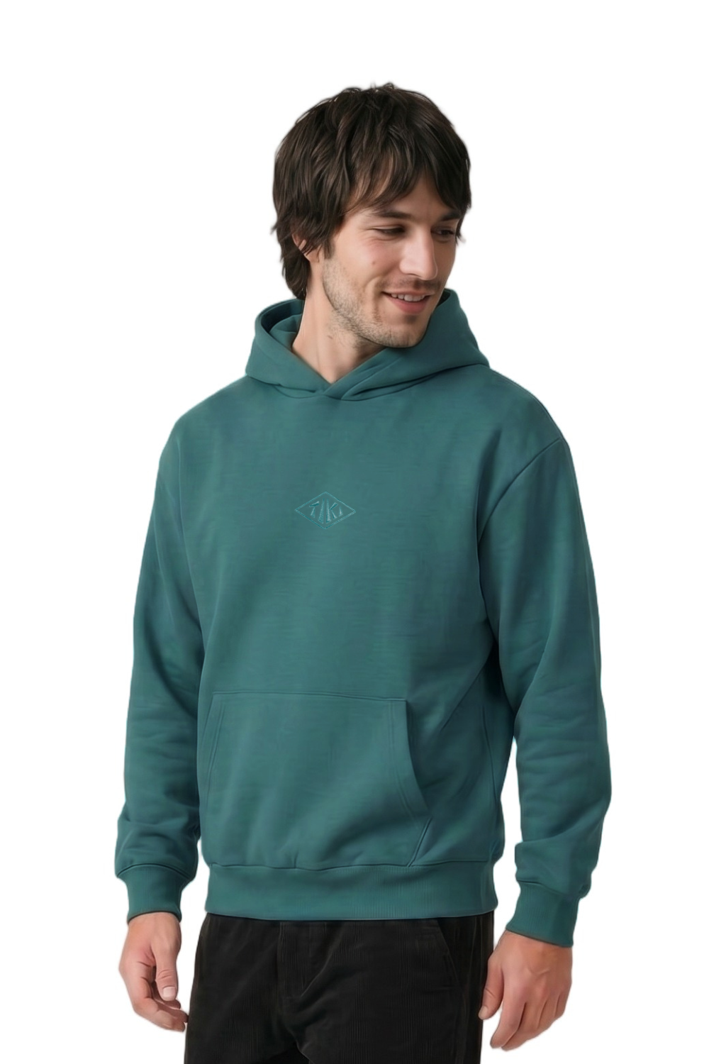 Man wearing a teal hoodie with a Tiki logo on a white background