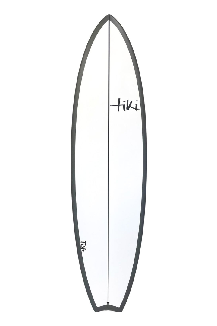 Tiki Evolution Fish Surfboard in Castle Rock Greyhite and dark grey on a white background