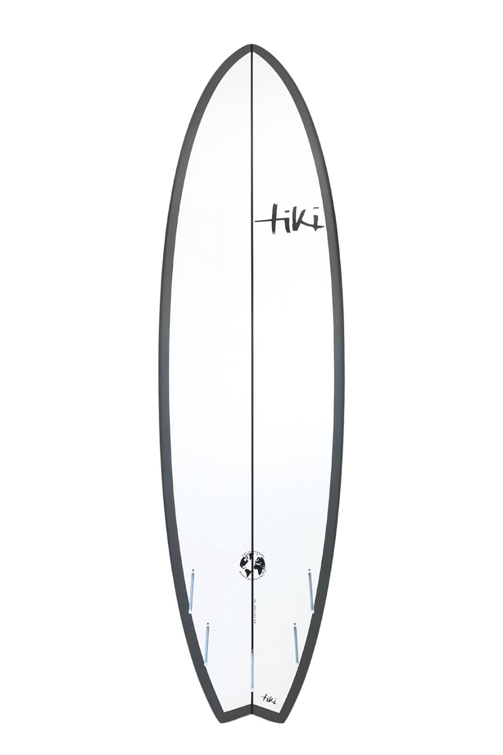 Tiki Evolution Fish Surfboard in white and dark grey on a white background 