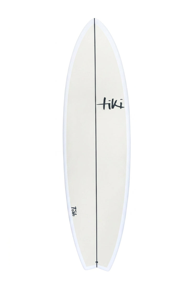 White Fish shaped surfboard with 'Tiki' branding on a white background