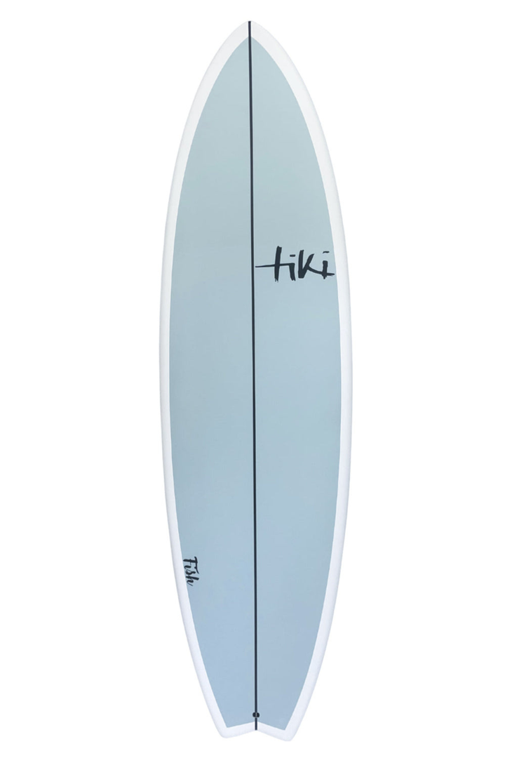 A light blue Tiki Evolution Fish surfboard with a white border, featuring the brand name 'Tiki' in black script on the top deck.