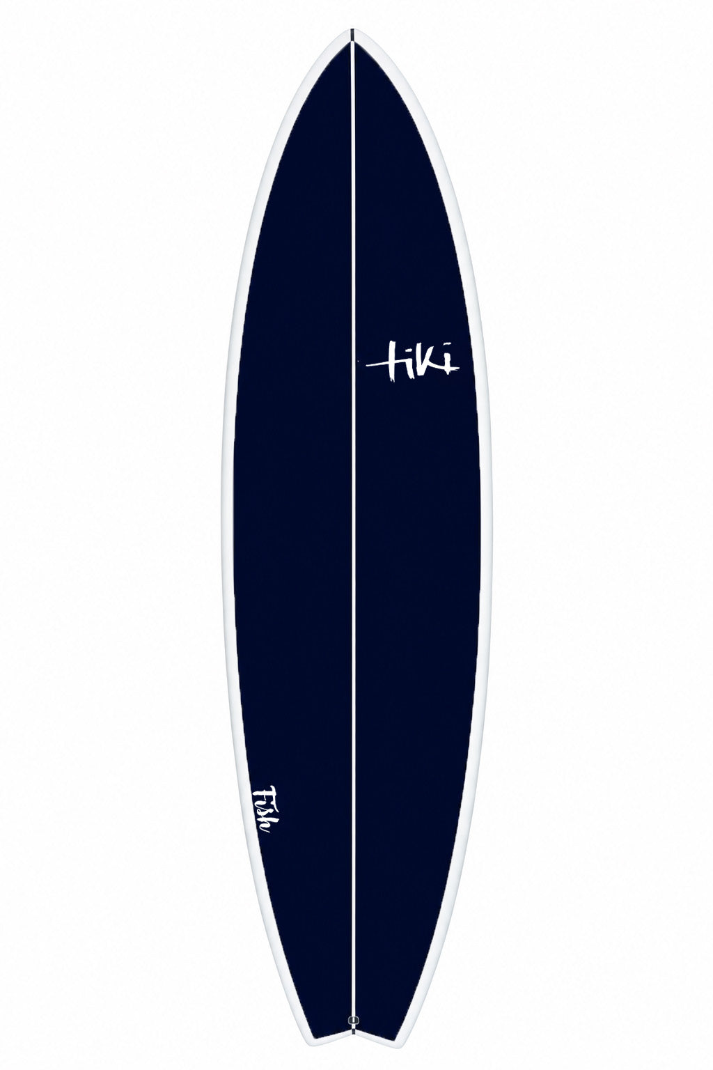 A dark navy blue Tiki Evolution Fish surfboard with a white center stripe, white 'Tiki' logo on the upper half, and a white 'fish' logo near the bottom, shown against a plain white background.