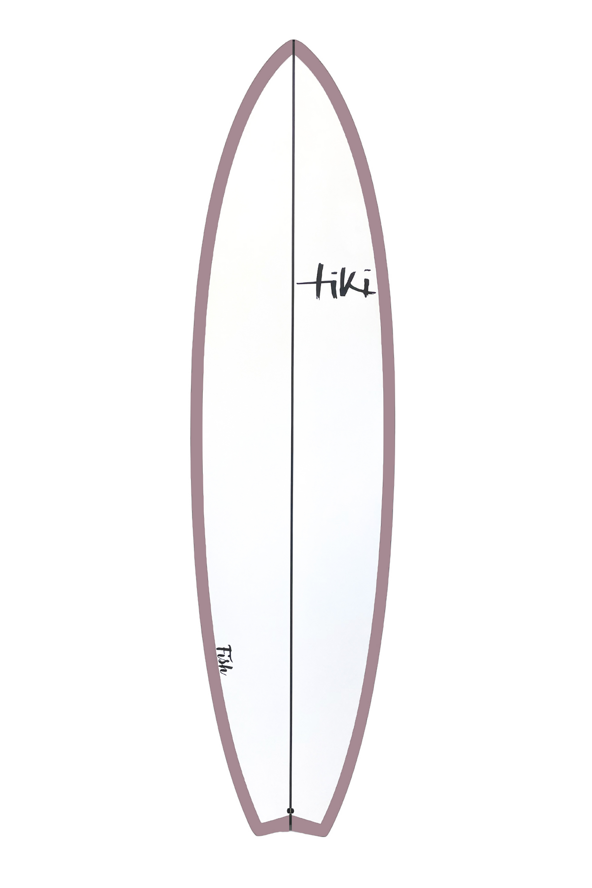 A Tiki Evolution Fish Surfboard in white with mauve border, featuring the brand name 'Tiki' in black script on the top deck