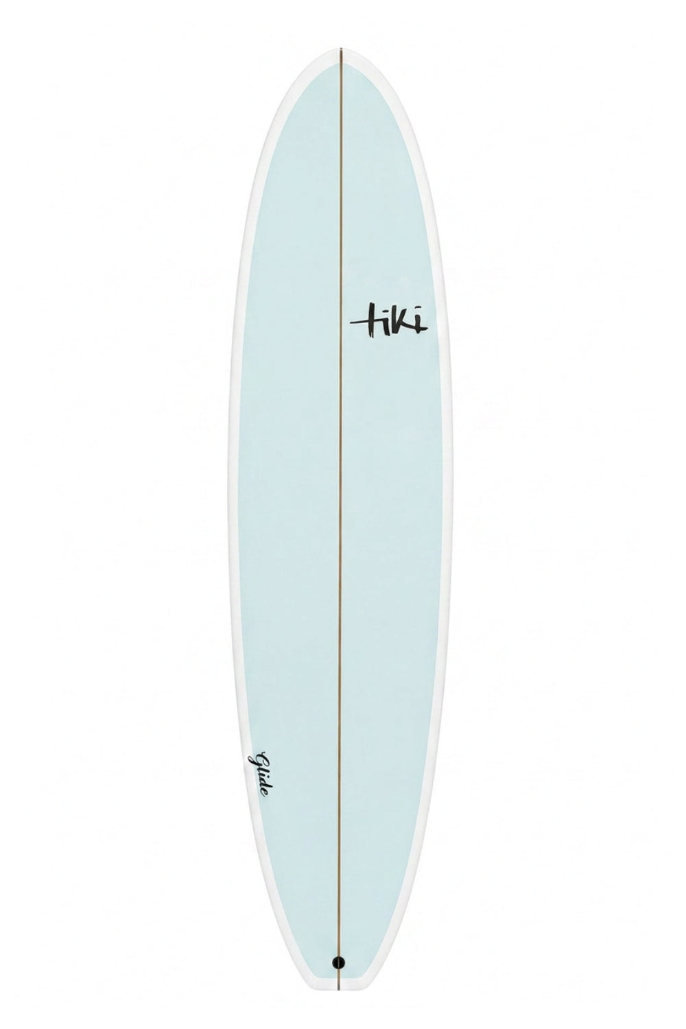 Light blue surfboard with 'Tiki' branding on a white background