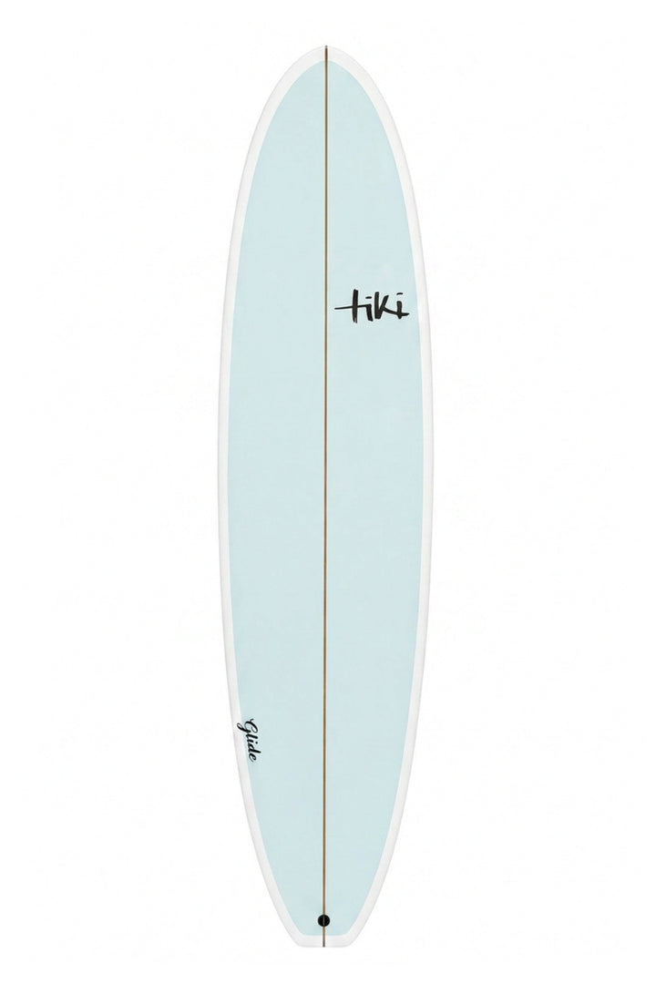 Light blue surfboard with 'Tiki' branding on a white background