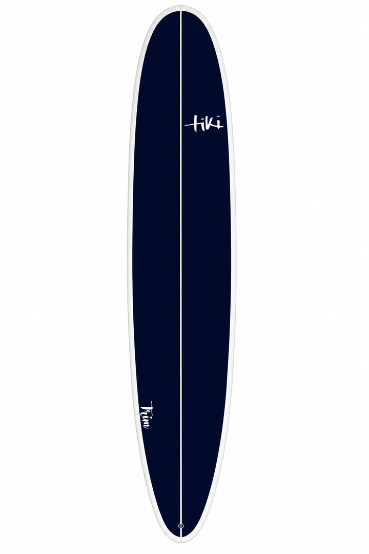 A long surfboard shown vertically against a plain white background. The board is dark navy blue with a white center stripe, white 'hiki' logo near the top, and a white 'Twin' logo near the bottom.