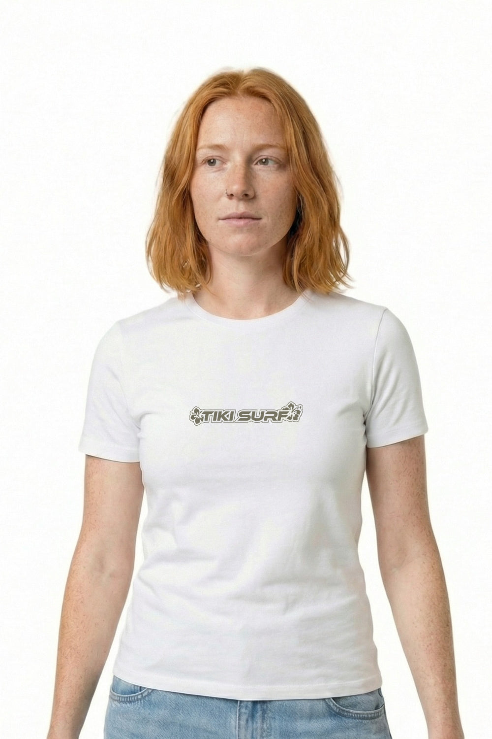 Person wearing a white t-shirt with a logo on a white background