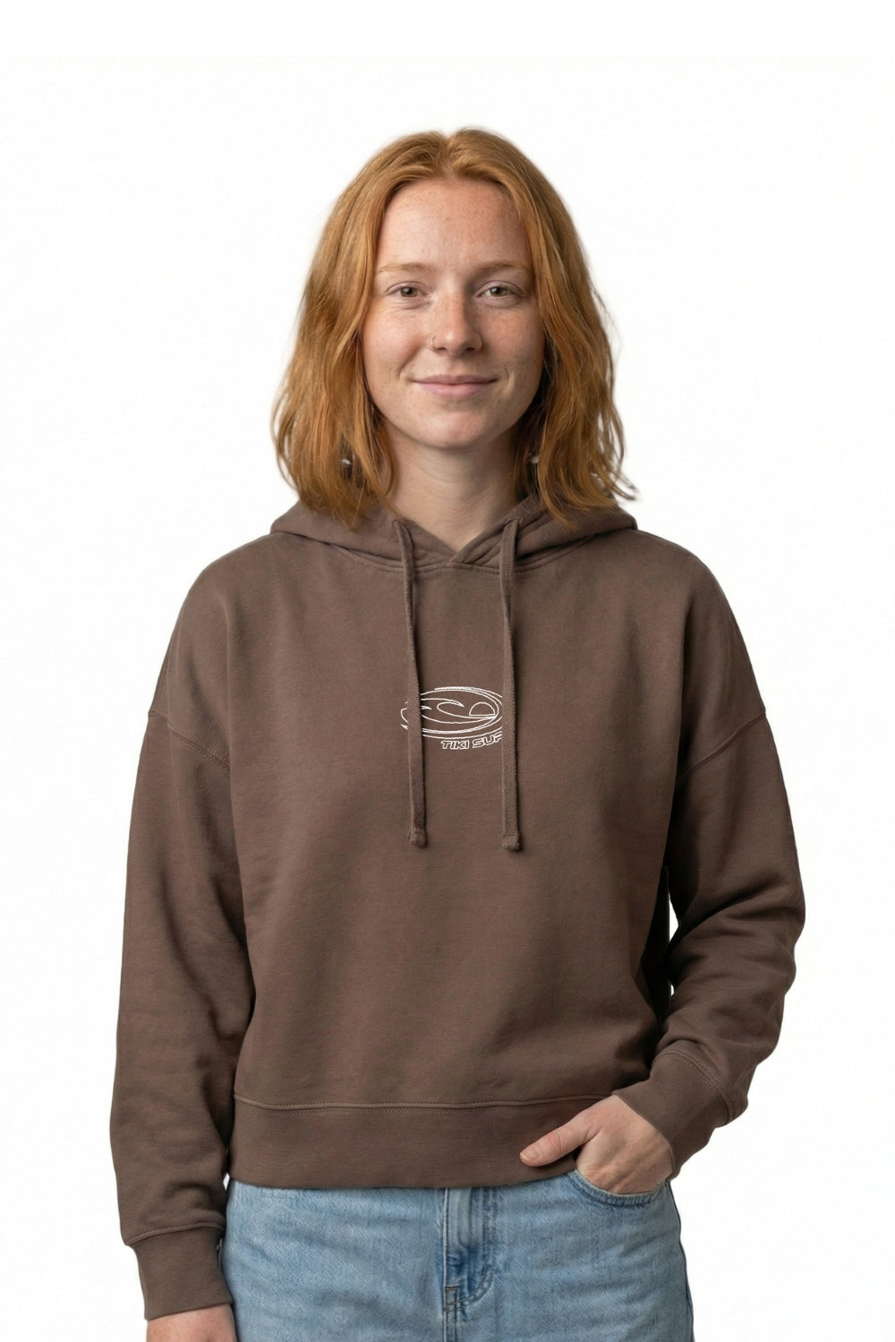 Person wearing a brown hoodie with a logo on a white background