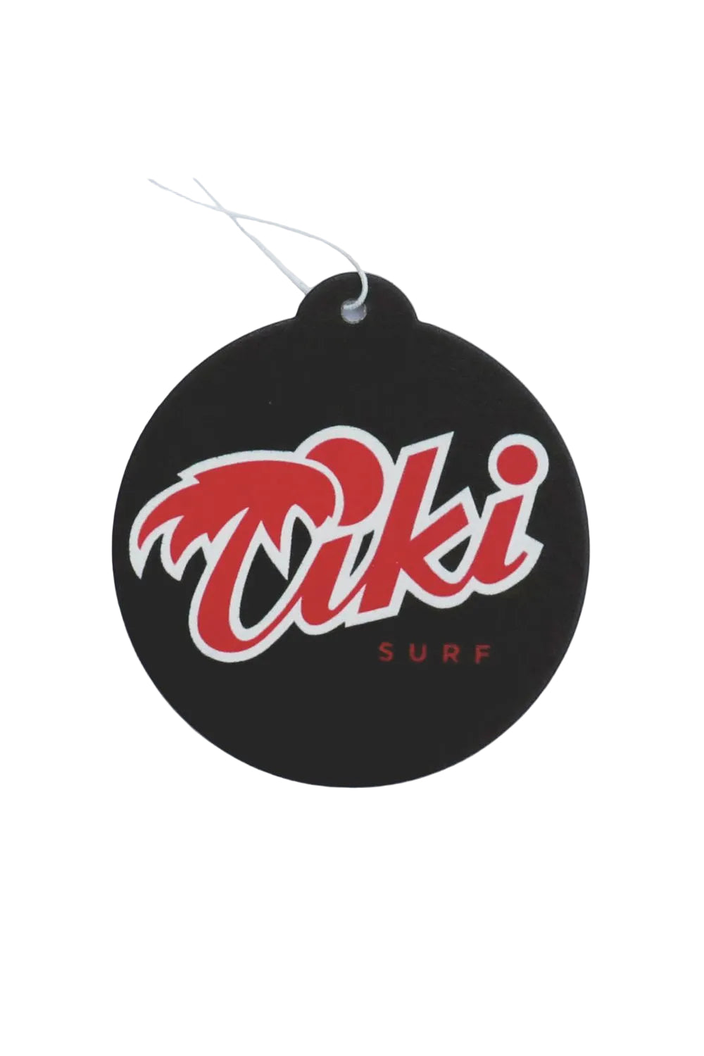 Round black air freshener with red and white 'Tiki Surf' logo on a white background