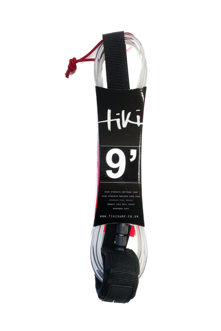 White 9' surfboard leash on a white background