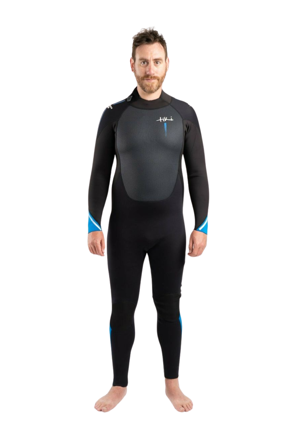 Man wearing a Tiki Tech 3/2mm Wetsuit with Back Zip in Black and Blue