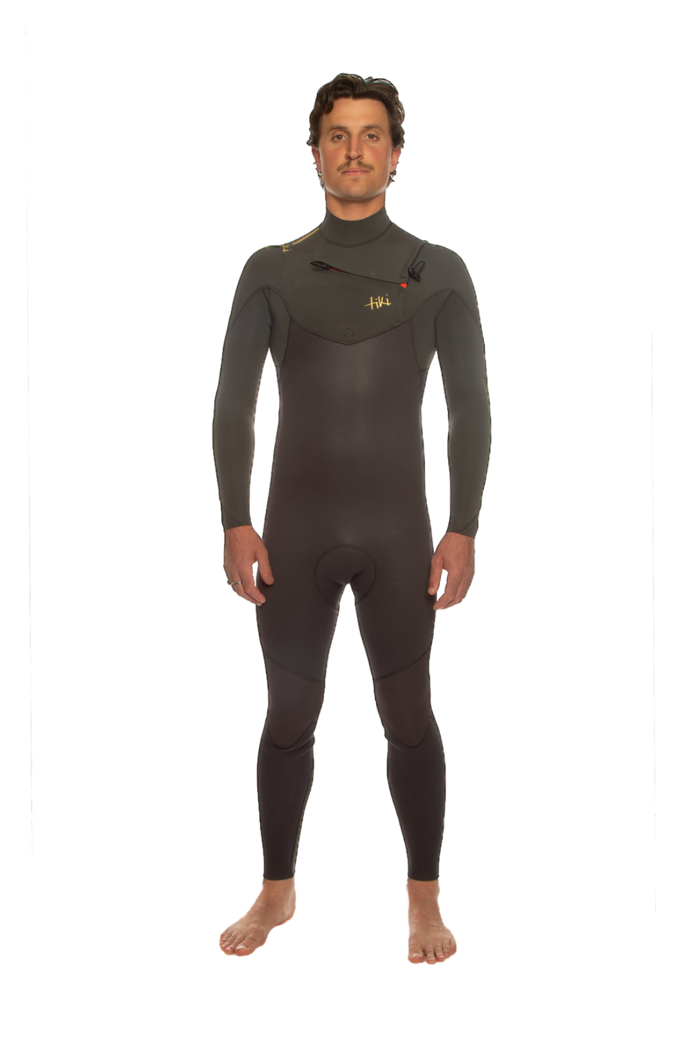 Man wearing a Tiki Tech 3/2mm Wetsuit with a Chest Zip in Charcoal 