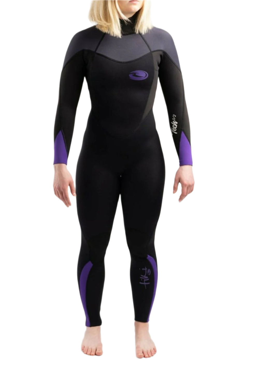 Woman wearing a Tiki Tech 3/2mm wetsuit with back zip in black and purple