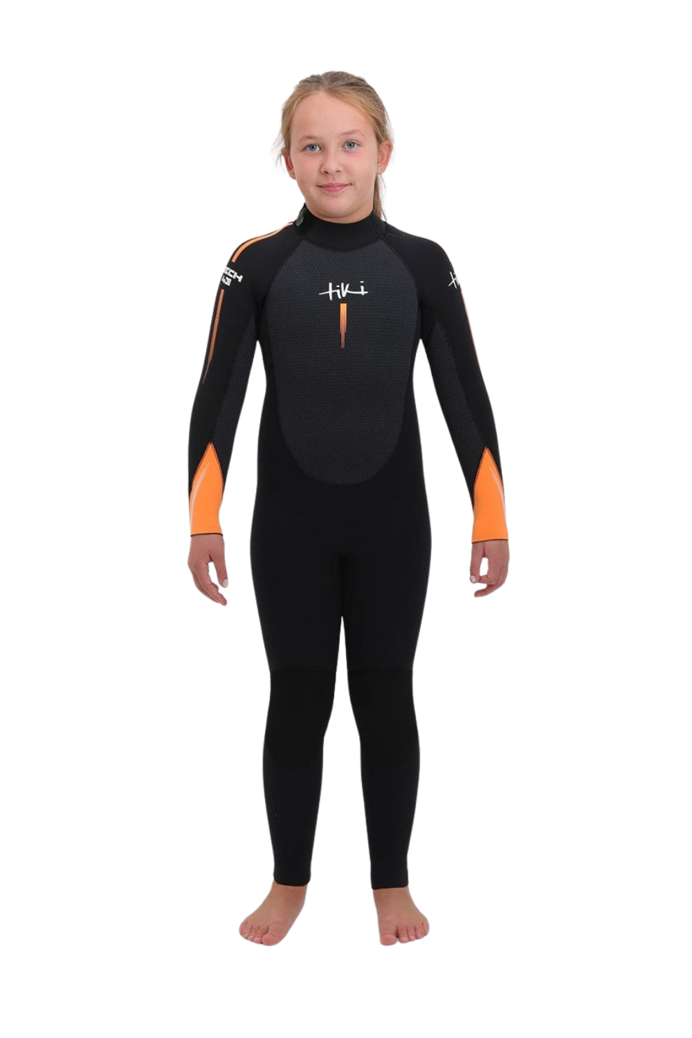 Girl waering a Tiki Tech 4/3mm Junior Wetsuit with Back Zip in Black and Orange