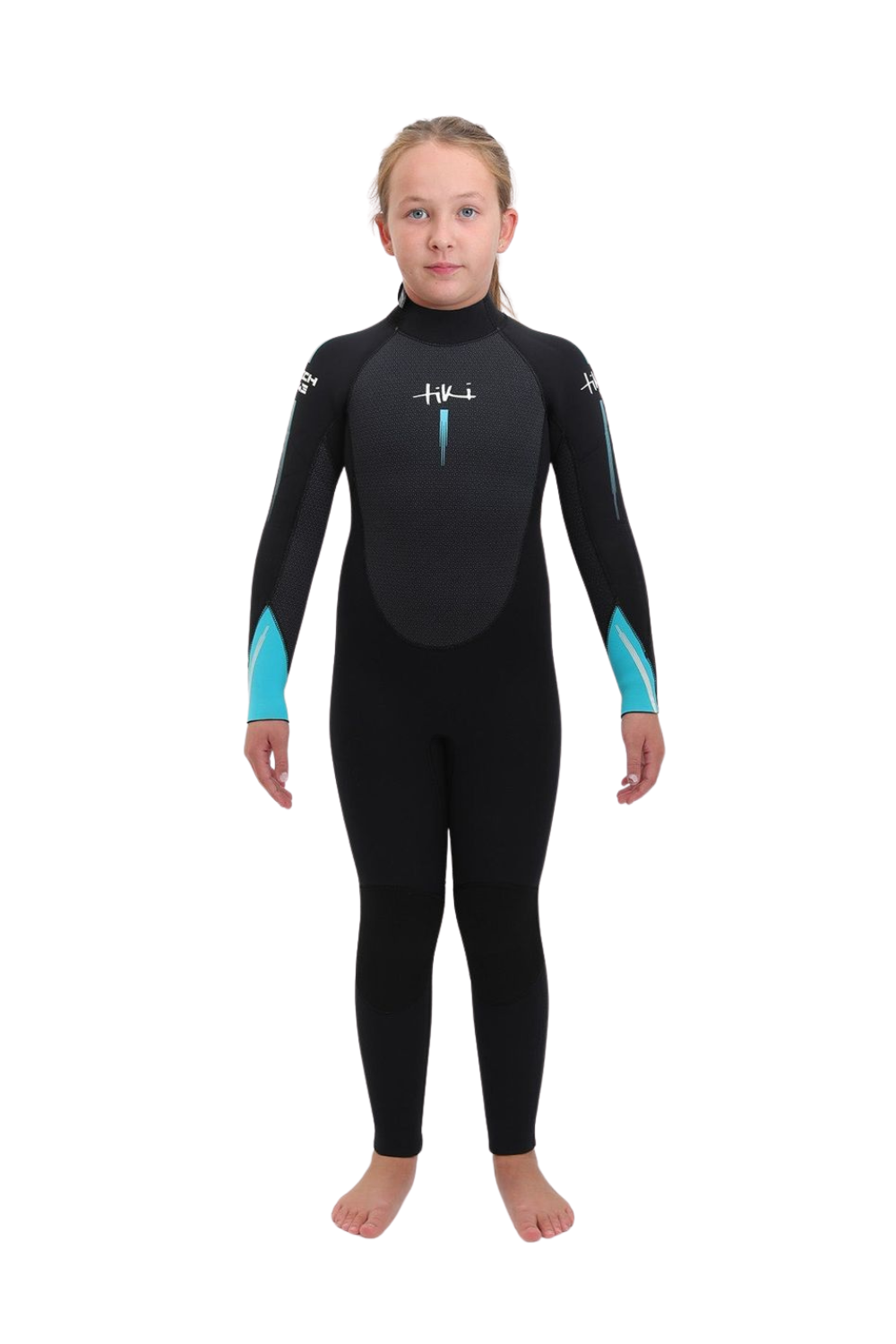 Girl wearing a Tiki Tech 5/4/3mm Junior Wetsuit with Back Zip in Black and Blue