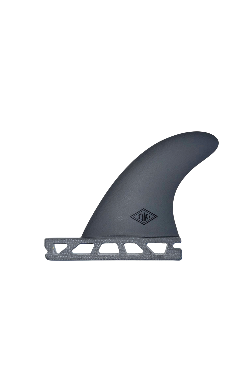 Surfboard fin with a brand logo on a white background