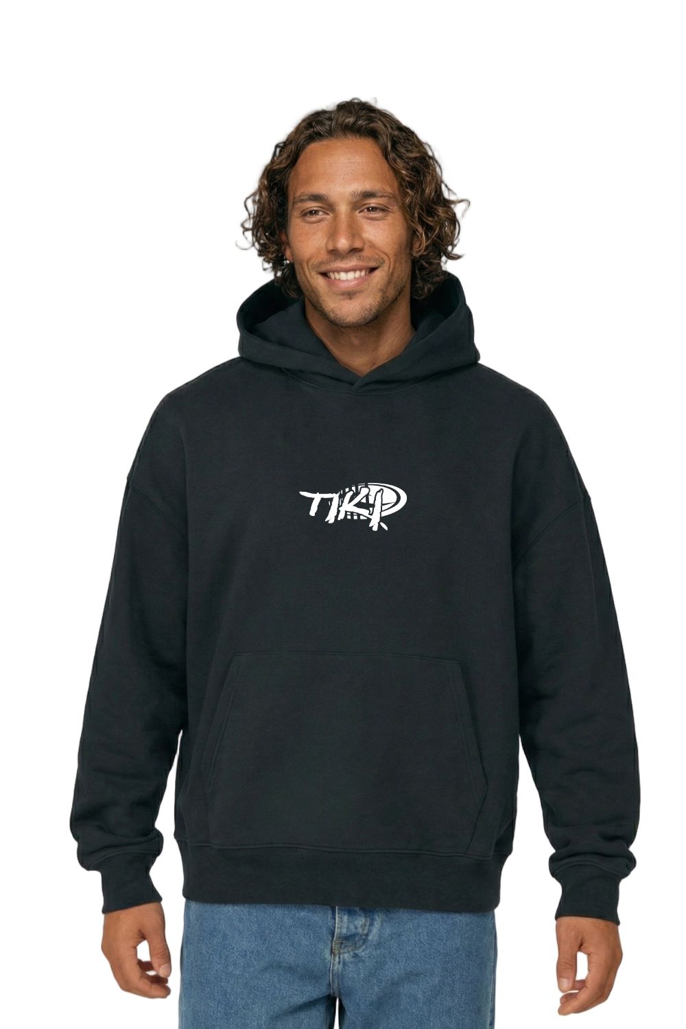 Man wearing a black hoodie with a logo on a white background